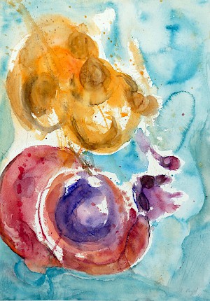 Farbspiel, gelb / rot auf Blau