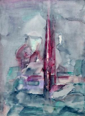 Abstrakte Kirche zwei Turmspitzen rot / blau