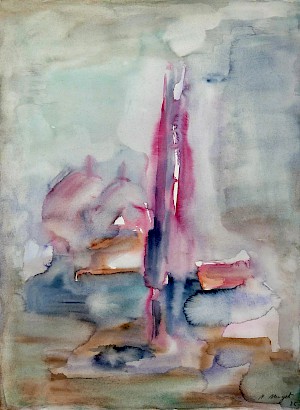Abstraktes Dorfbild mit Kirchturm in blau