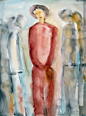 Eine Frau mit Gruppe blau / rot