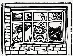 Zwei Katzen hinterm Fenster