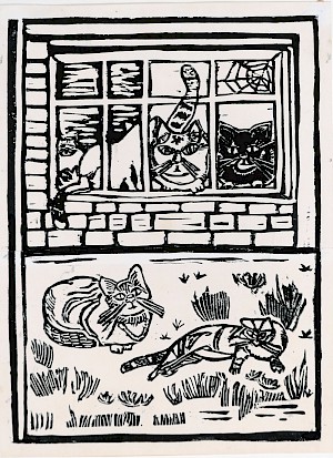Vier Katzen auf der Wiese / Fenster