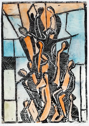 Menschenpyramide mit Jesu in blau /orange