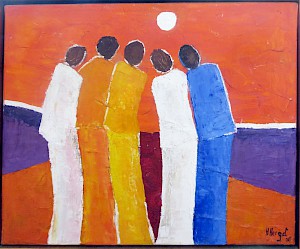 Menschengruppe mit Mond