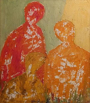 Drei Menschen in orange / gelb